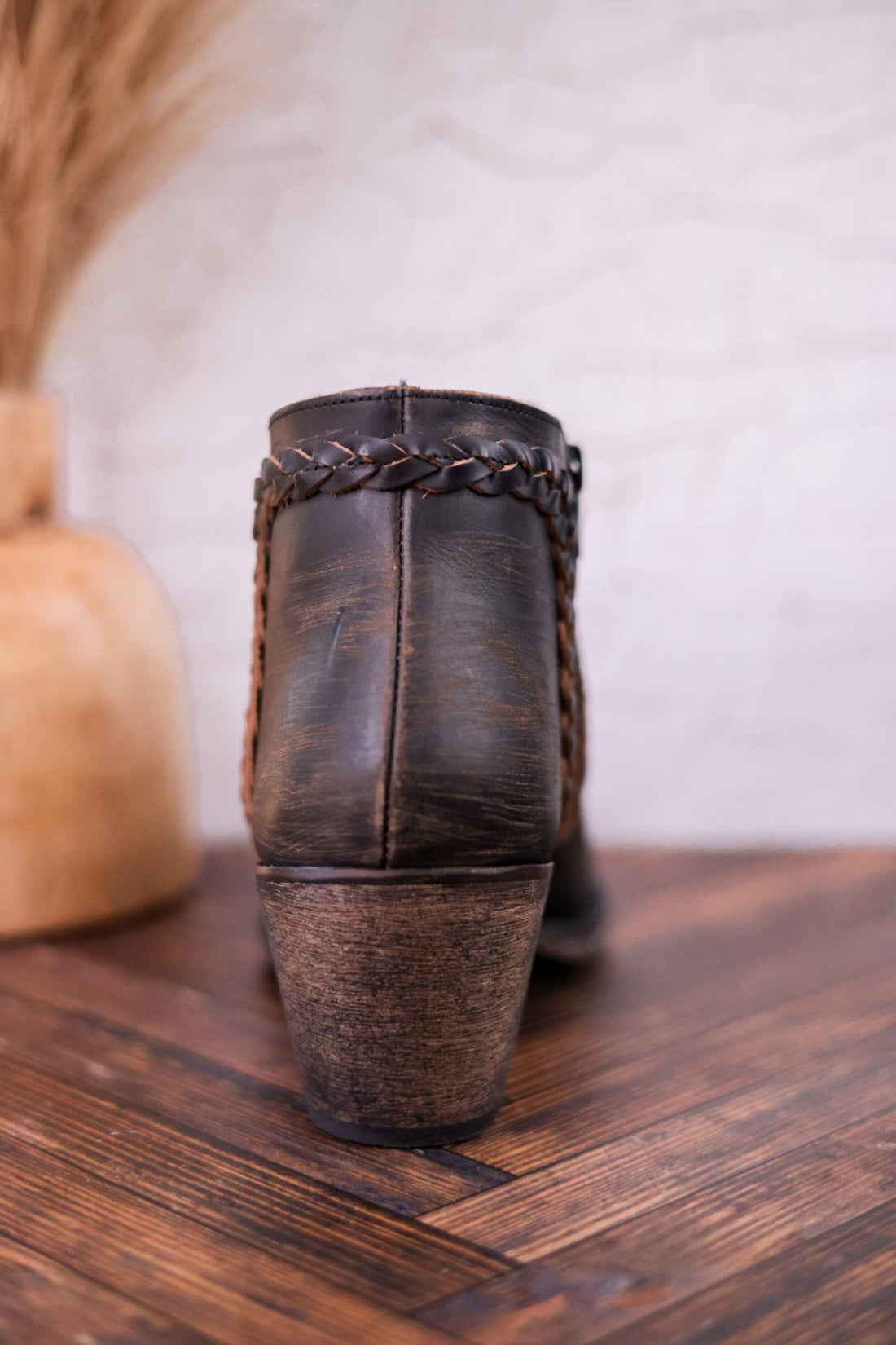 Black Distressed Leather Ankle Booties with Braided Detail - Whiskey Skies - VOLATILE