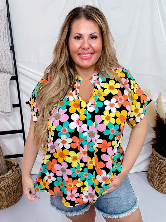 Black Dolman Sleeve Top with Colorful Ditzy Floral Pattern - Whiskey Skies - ANDREE BY UNIT