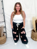 Black Drawstring Waist Cropped Pants With Floral Appliques - Whiskey Skies - ODDI