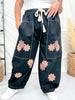 Black Drawstring Waist Cropped Pants With Floral Appliques - Whiskey Skies - ODDI