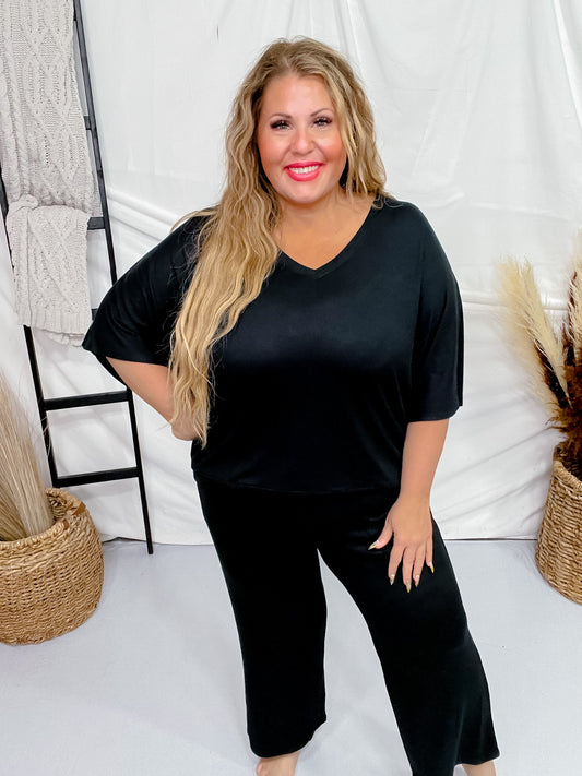 Black Dream Relaxed V - Neck & Capri Lounge Set - Whiskey Skies - SOFTIES
