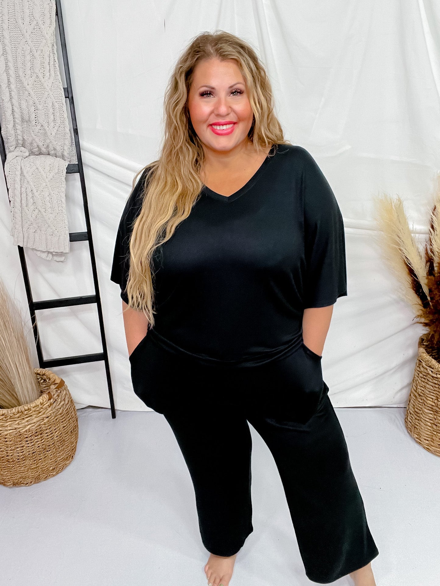 Black Dream Relaxed V - Neck & Capri Lounge Set - Whiskey Skies - SOFTIES