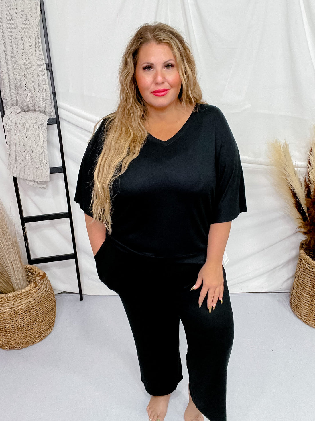 Black Dream Relaxed V - Neck & Capri Lounge Set - Whiskey Skies - SOFTIES