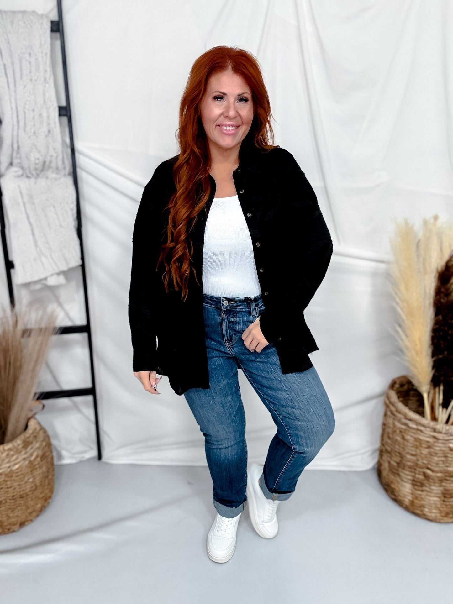 Black Embroidered Botanical Print Button Front Top - Whiskey Skies - HEIMISH
