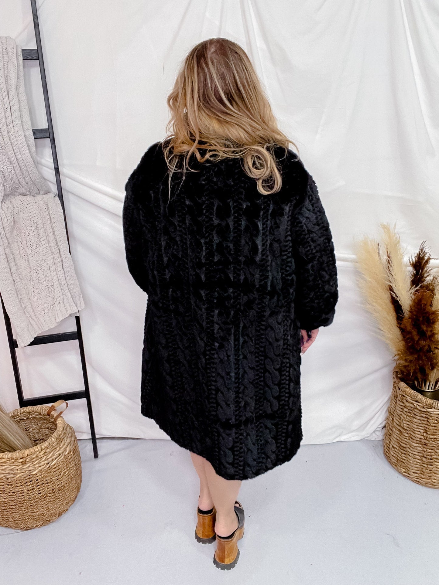 Black Faux Fur Coat with Braided Detailing - Whiskey Skies - DAVI & DANI