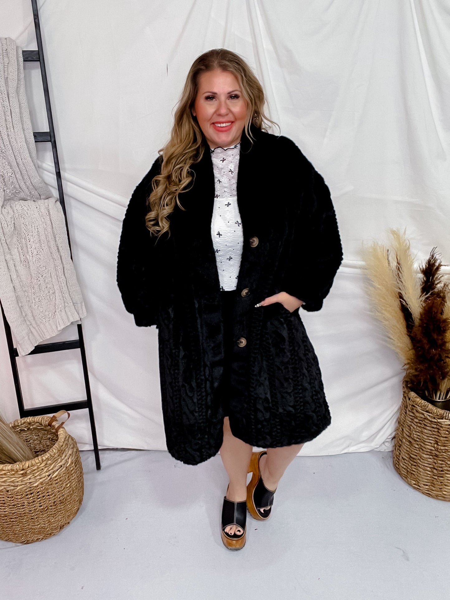 Black Faux Fur Coat with Braided Detailing - Whiskey Skies - DAVI & DANI