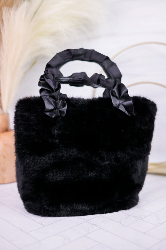 Black Faux Fur Purse with Satin Strap - Whiskey Skies - COCO + CARMEN