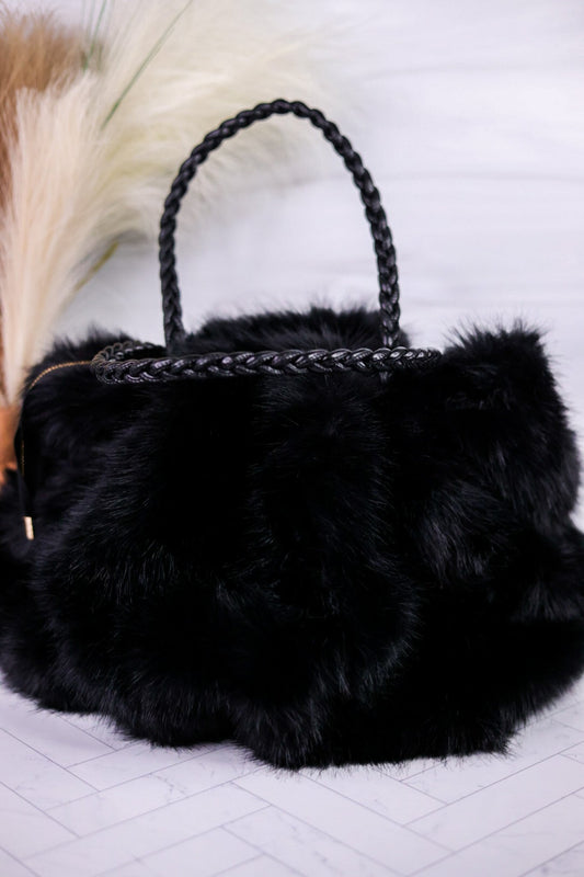 Black Faux Fur Tote with Braided Handles - Whiskey Skies - COCO + CARMEN