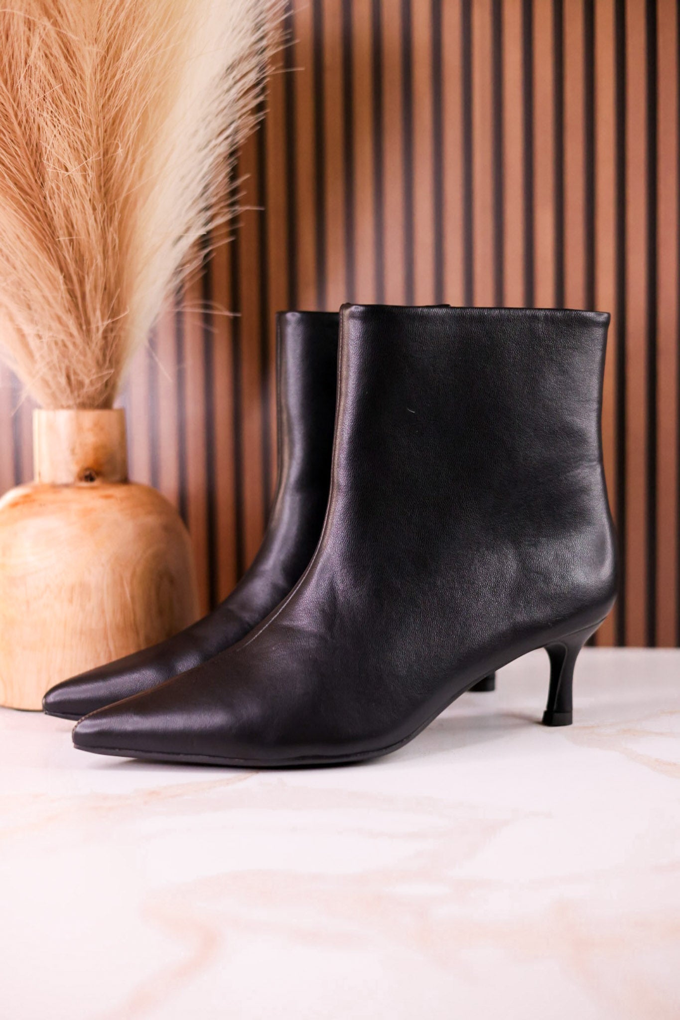 Black Faux Leather Pointed Toe Kitten Heel Ankle Boots - Whiskey Skies - CORKYS FOOTWEAR