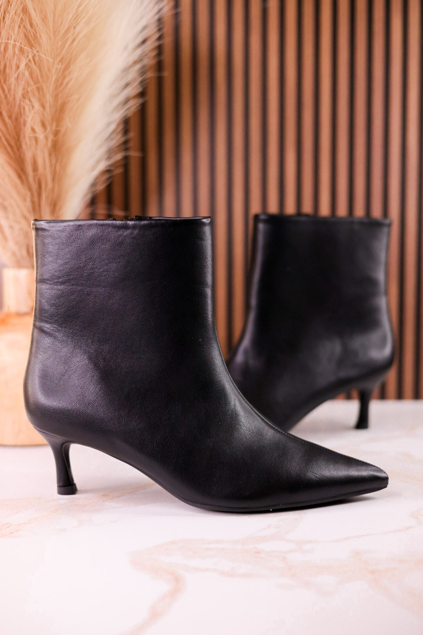 Black Faux Leather Pointed Toe Kitten Heel Ankle Boots - Whiskey Skies - CORKYS FOOTWEAR