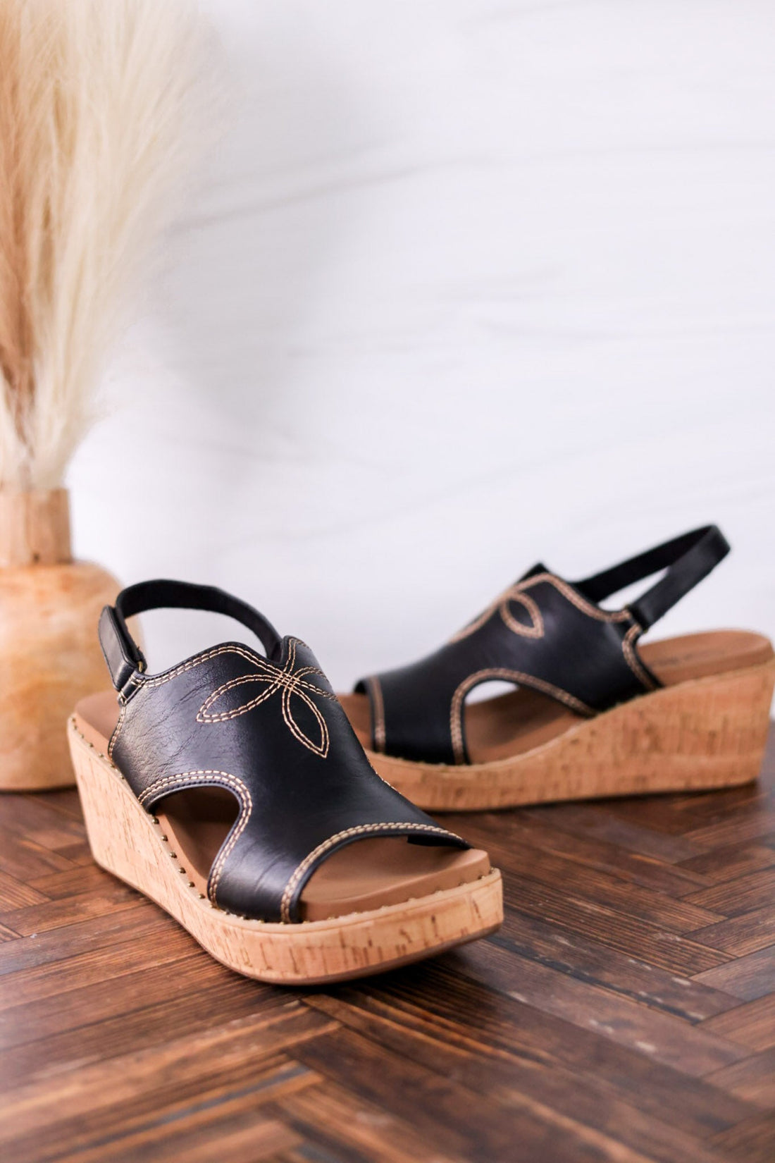 Black Faux Leather Wedges With Stitching - Whiskey Skies - CORKYS FOOTWEAR