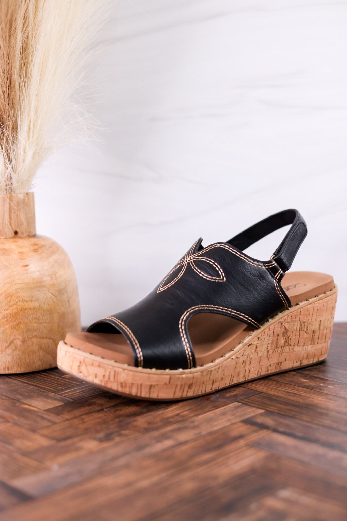 Black Faux Leather Wedges With Stitching - Whiskey Skies - CORKYS FOOTWEAR