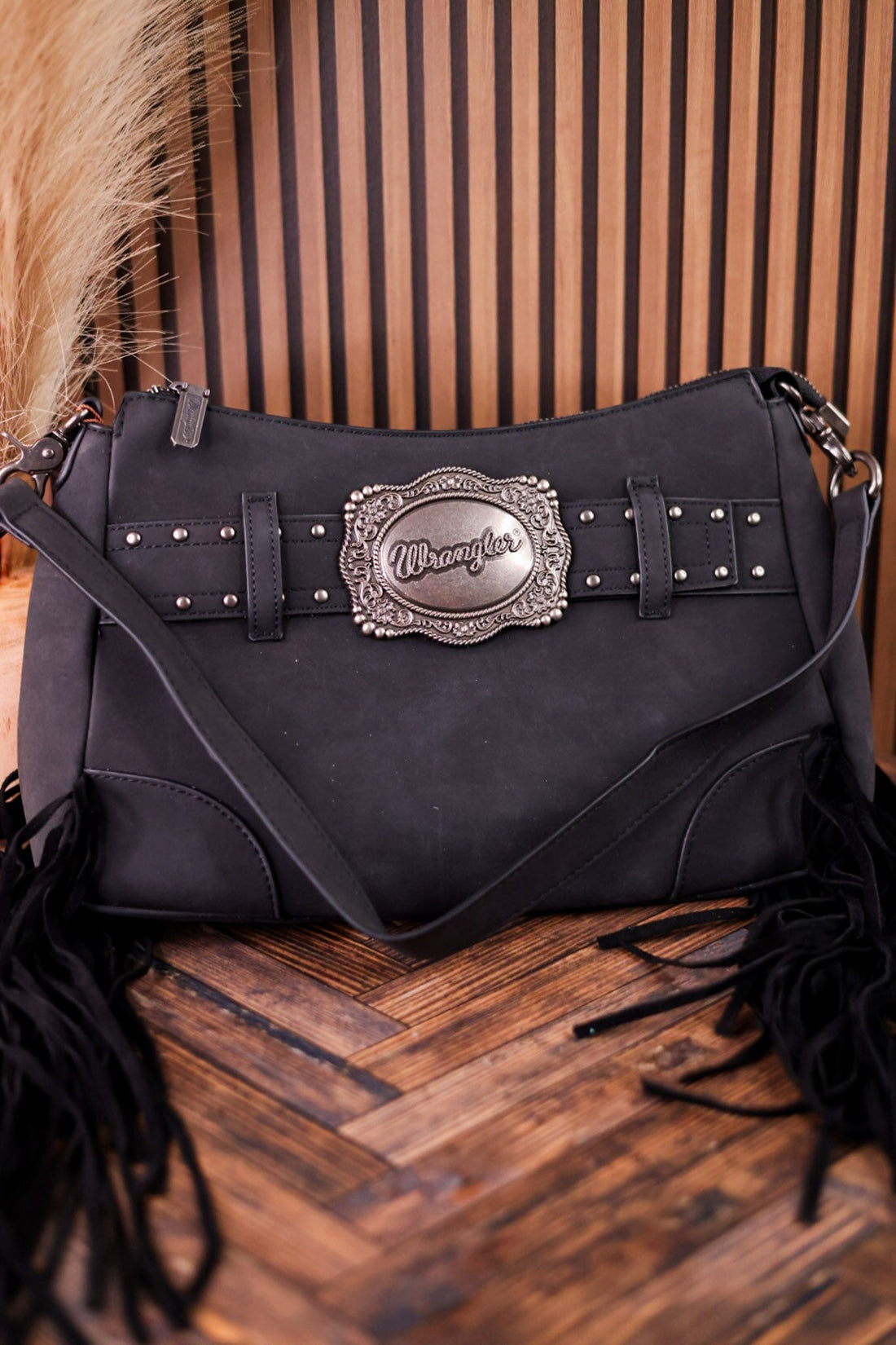 Black Faux Leather Wrangler Belt Buckle Fringe Purse - Whiskey Skies - MONTANA WEST