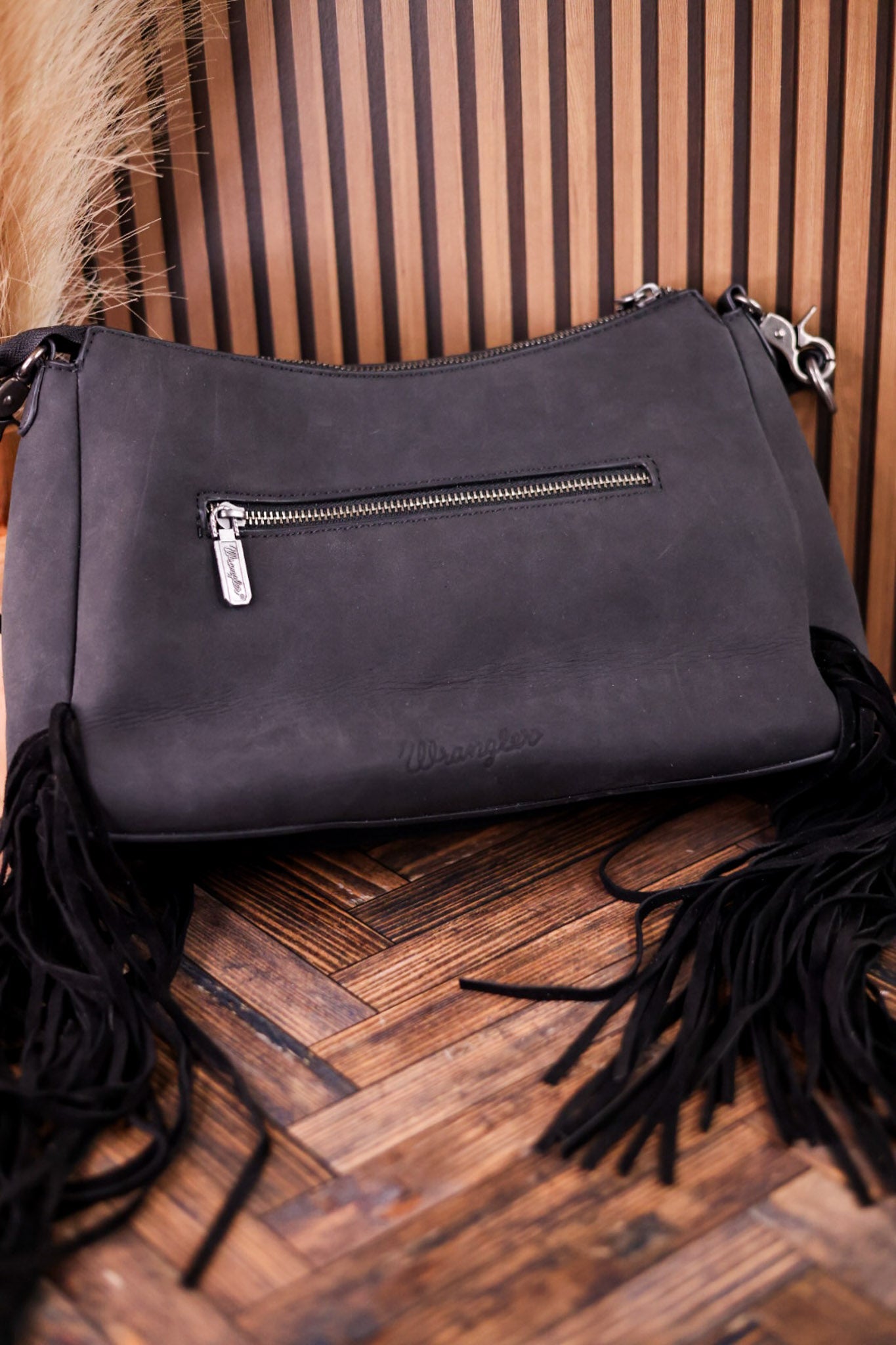 Black Faux Leather Wrangler Belt Buckle Fringe Purse - Whiskey Skies - MONTANA WEST