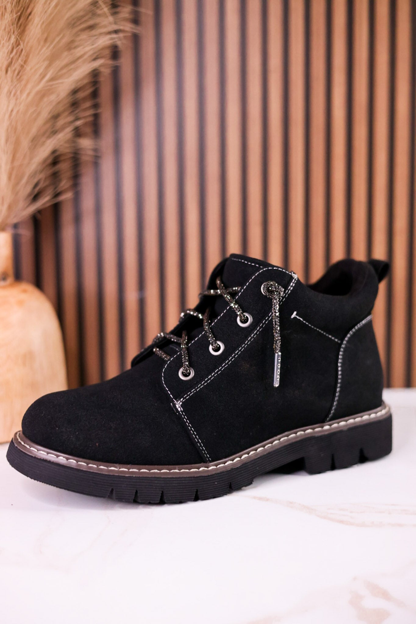 Black Faux Suede Ankle Boots With Rhinestone Laces - Whiskey Skies - VERY G