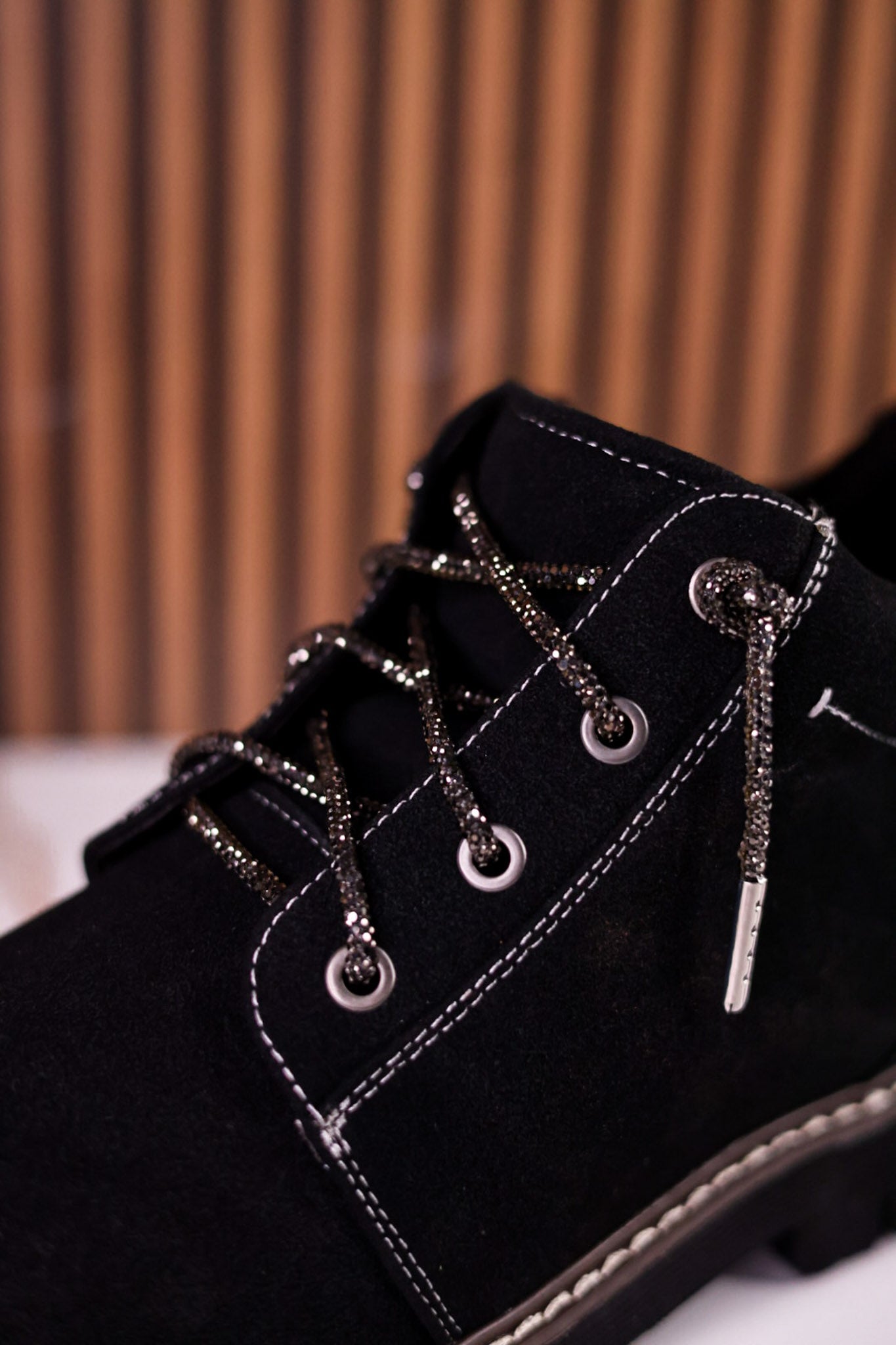 Black Faux Suede Ankle Boots With Rhinestone Laces - Whiskey Skies - VERY G