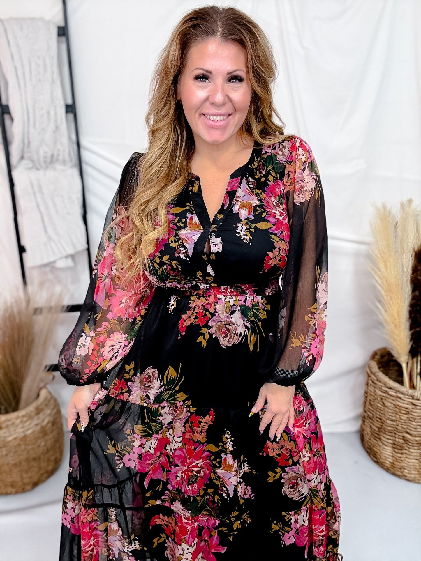 Black Floral Chiffon Midi Dress With Surplice Neckline - Whiskey Skies - ODDI