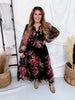 Black Floral Chiffon Midi Dress With Surplice Neckline - Whiskey Skies - ODDI