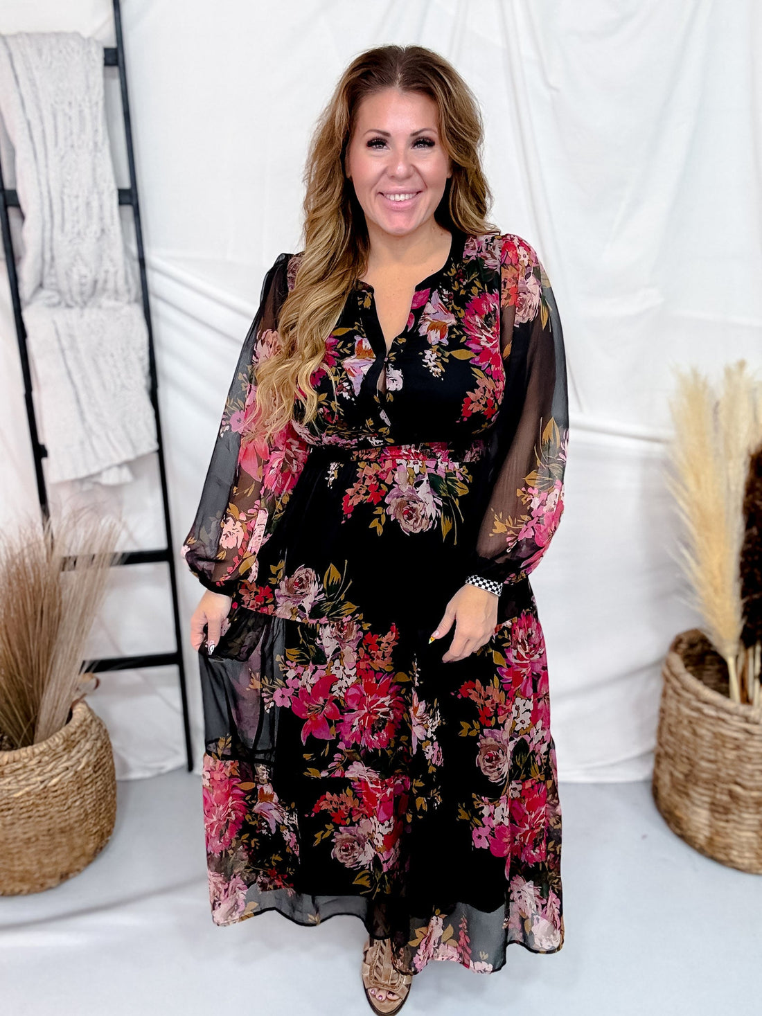Black Floral Chiffon Midi Dress With Surplice Neckline - Whiskey Skies - ODDI