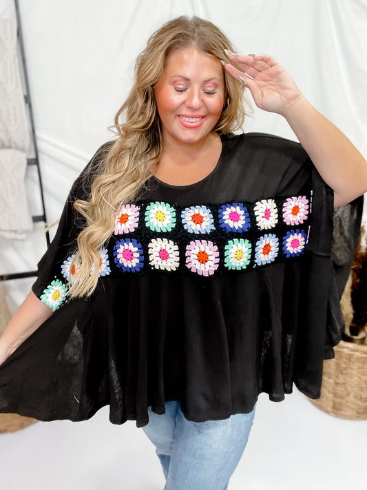 Black Floral Knit Poncho Style Top - Whiskey Skies - ANDREE BY UNIT