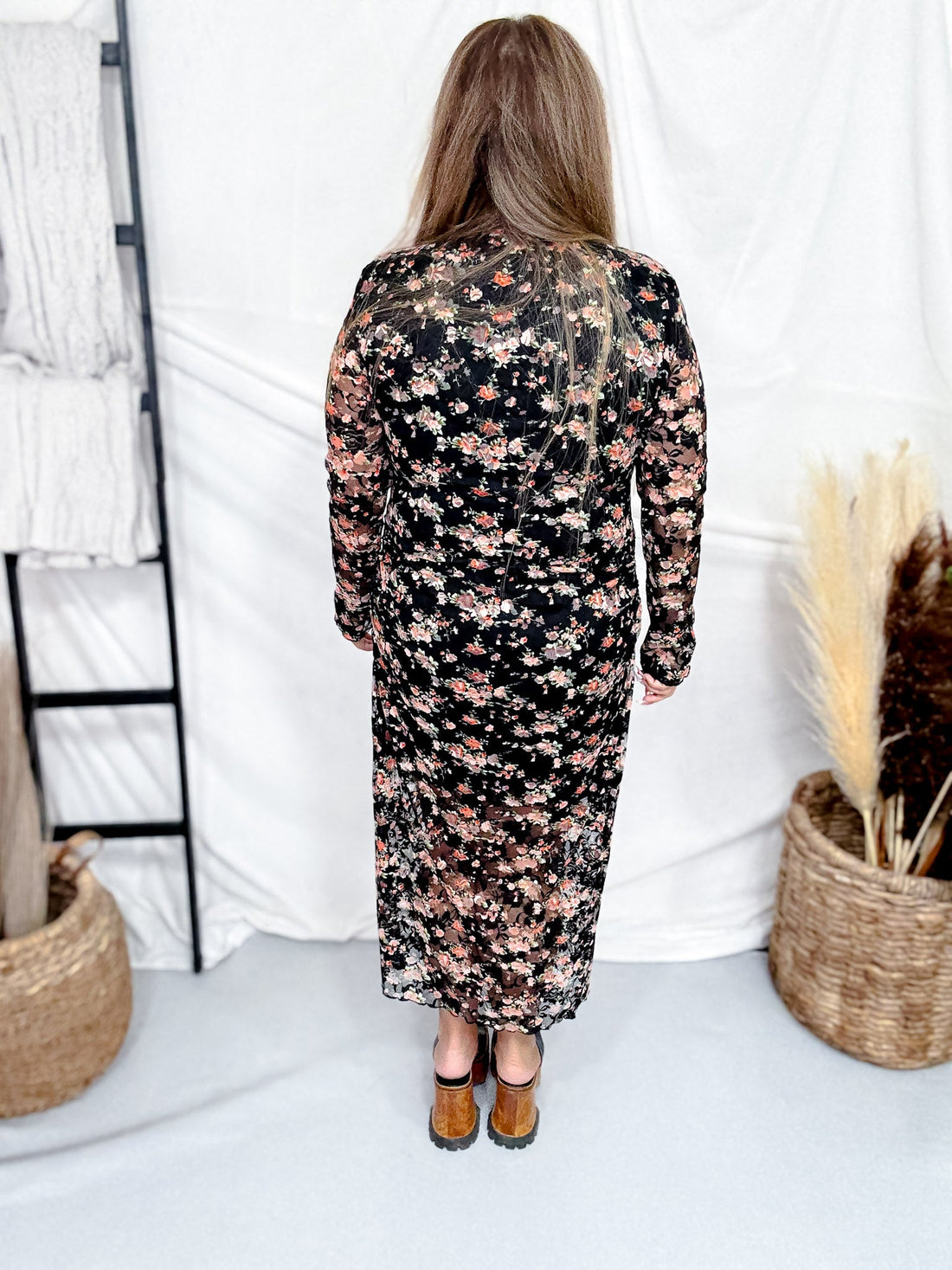 Black Floral Lace Mesh Midi Dress - Whiskey Skies - DAVI & DANI