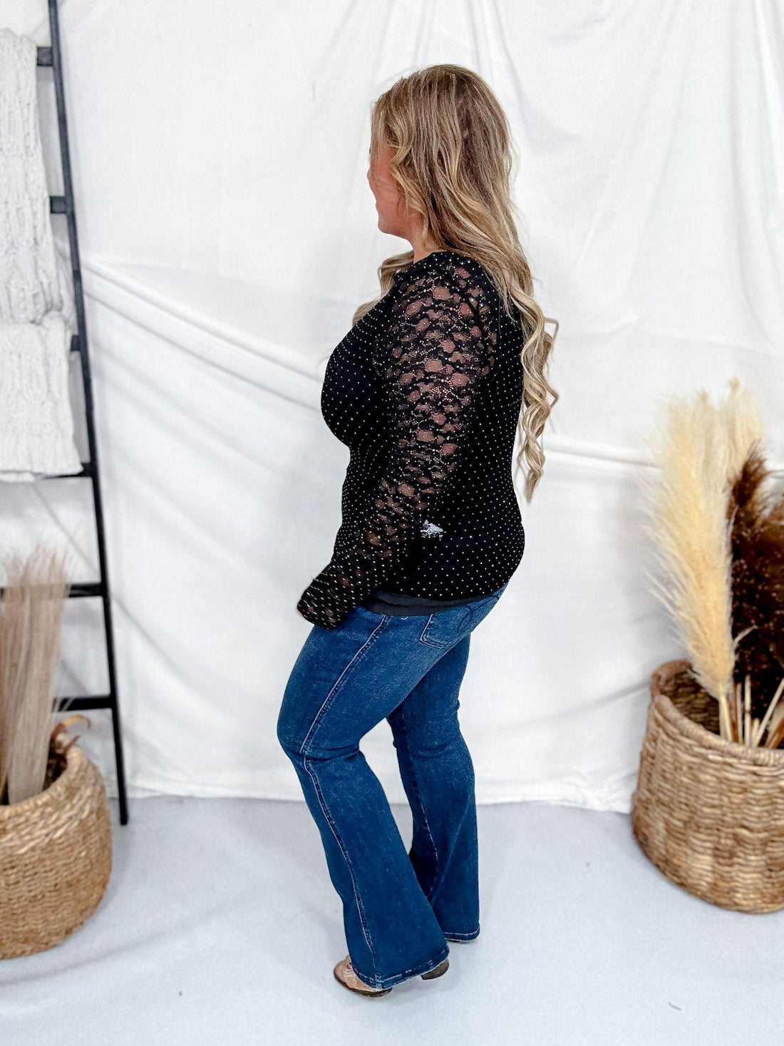 Black Floral Lace Top With Rhinestone Accents - Whiskey Skies - WHITE BIRCH