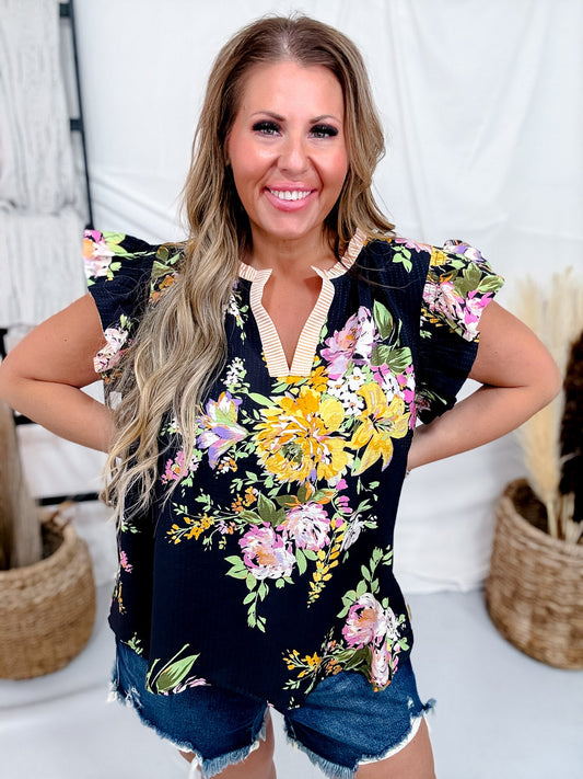 Black Floral Print Blouse With Striped Trim & Ruffle Sleeves - Whiskey Skies - ODDI
