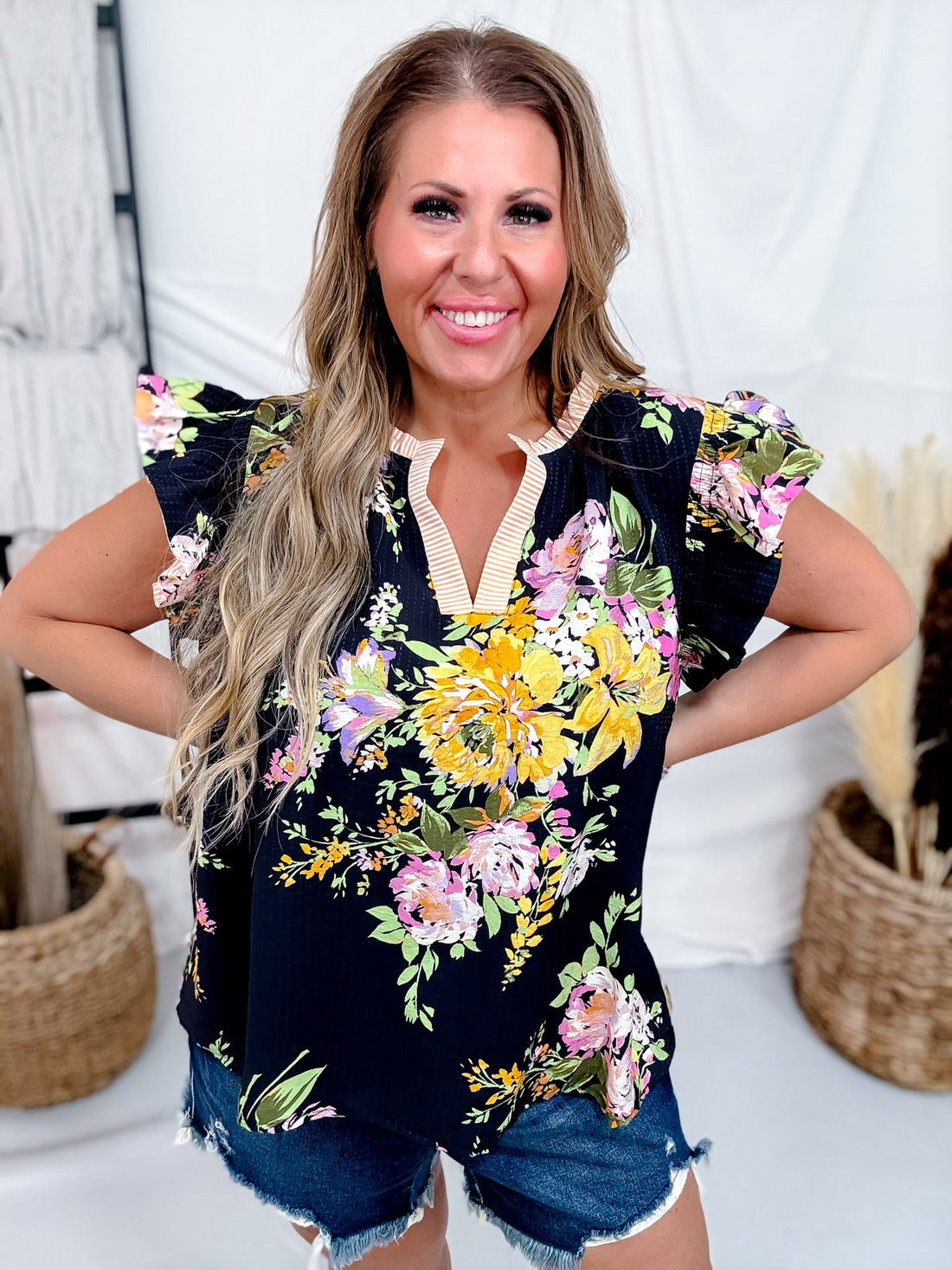 Black Floral Print Blouse With Striped Trim & Ruffle Sleeves - Whiskey Skies - ODDI