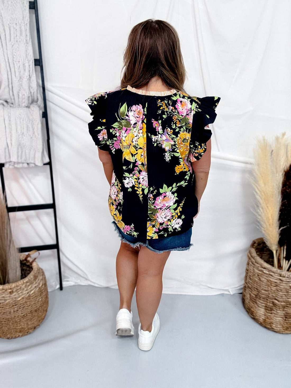 Black Floral Print Blouse With Striped Trim & Ruffle Sleeves - Whiskey Skies - ODDI