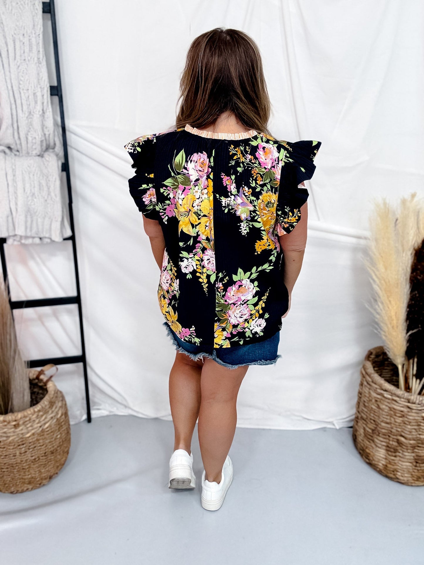 Black Floral Print Blouse With Striped Trim & Ruffle Sleeves - Whiskey Skies - ODDI