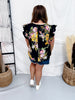 Black Floral Print Blouse With Striped Trim & Ruffle Sleeves - Whiskey Skies - ODDI