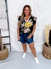 Black Floral Print Blouse With Striped Trim & Ruffle Sleeves - Whiskey Skies - ODDI