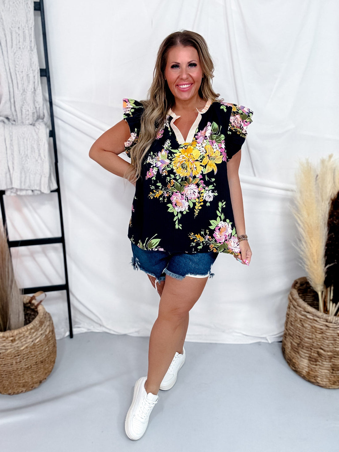 Black Floral Print Blouse With Striped Trim & Ruffle Sleeves - Whiskey Skies - ODDI