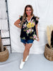 Black Floral Print Blouse With Striped Trim & Ruffle Sleeves - Whiskey Skies - ODDI