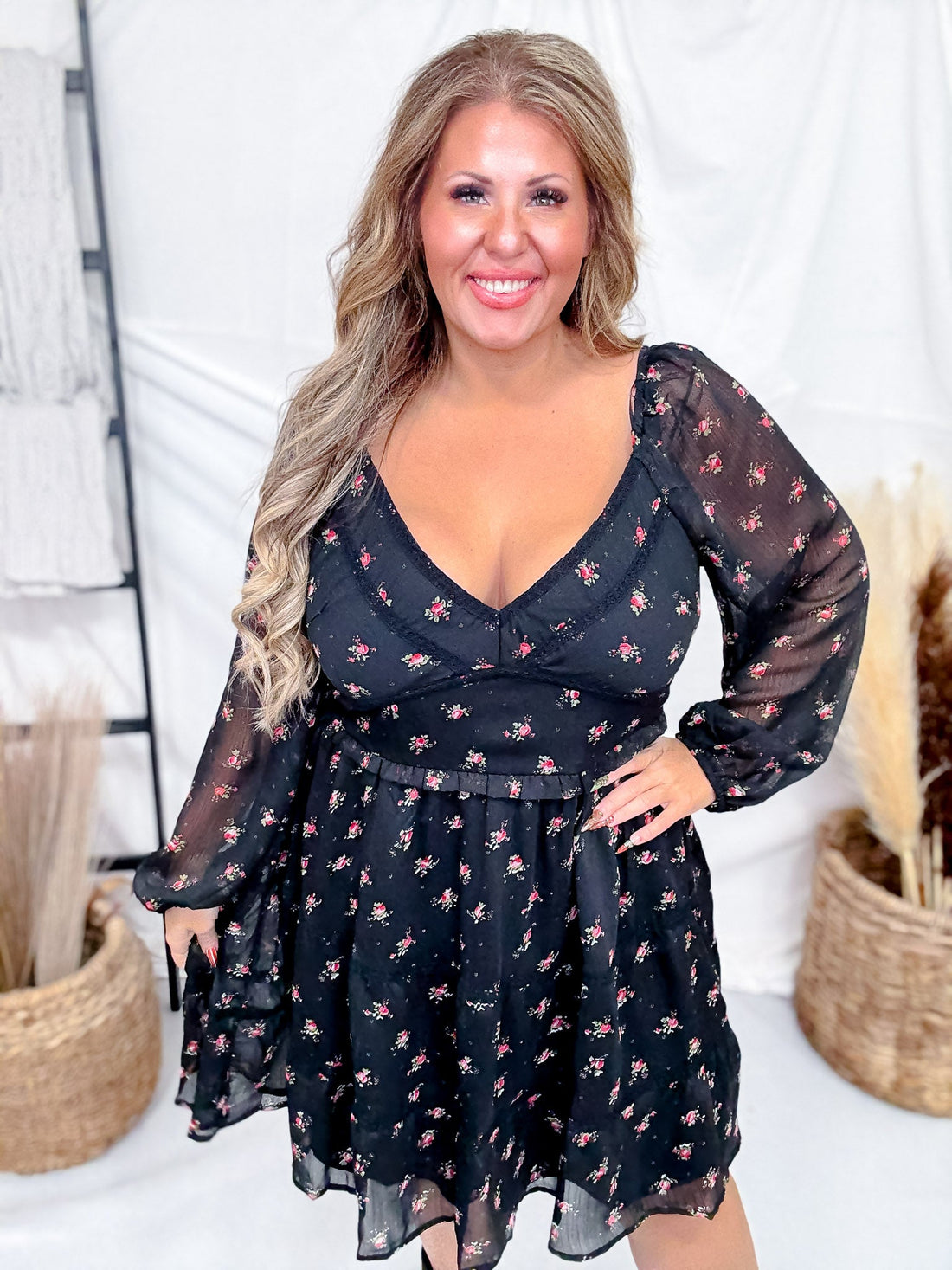 Black Floral Print Dress With Bubble Sleeves & Lace Piping - Whiskey Skies - POLAGRAM + BAEVELY
