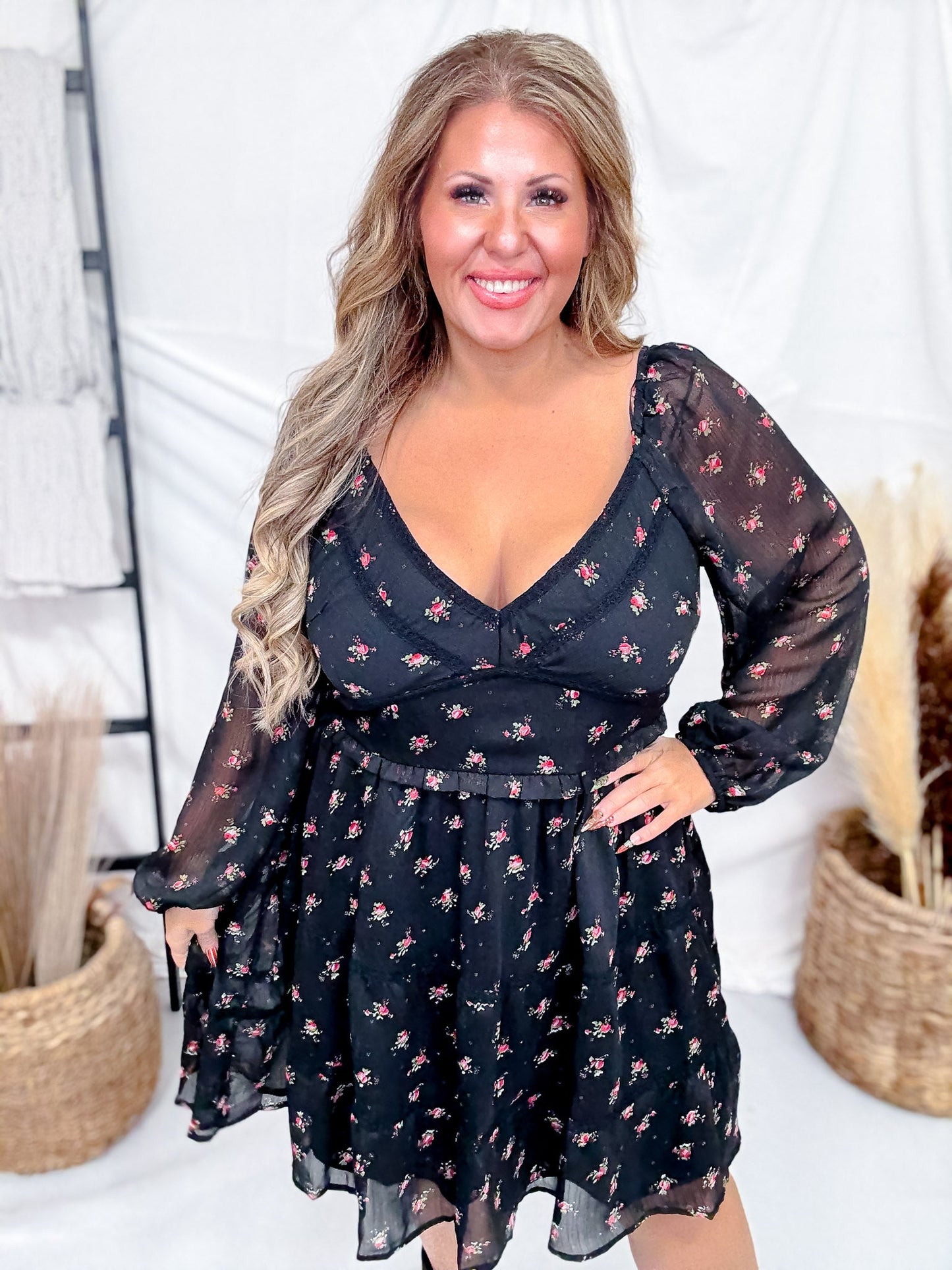 Black Floral Print Dress With Bubble Sleeves & Lace Piping - Whiskey Skies - POLAGRAM + BAEVELY
