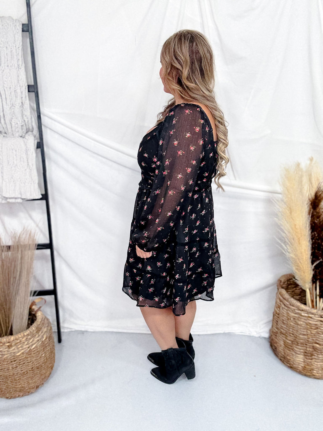 Black Floral Print Dress With Bubble Sleeves & Lace Piping - Whiskey Skies - POLAGRAM + BAEVELY