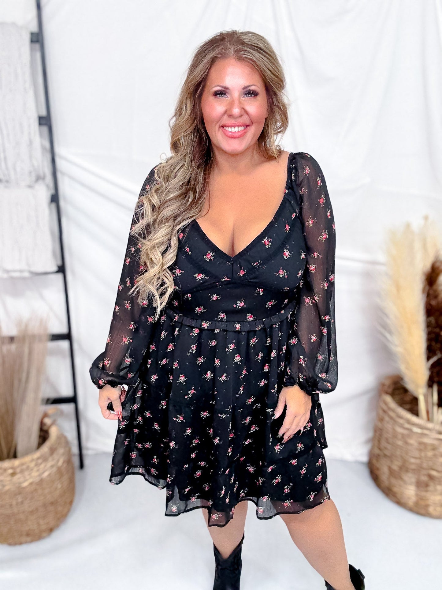 Black Floral Print Dress With Bubble Sleeves & Lace Piping - Whiskey Skies - POLAGRAM + BAEVELY