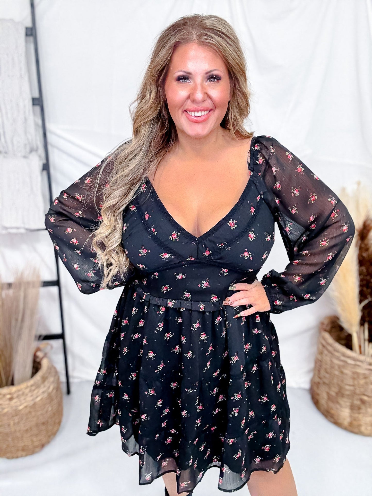 Black Floral Print Dress With Bubble Sleeves & Lace Piping - Whiskey Skies - POLAGRAM + BAEVELY