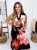 Black Floral Print Sleeveless V-Neck Midi Dress With Waist Tie - Whiskey Skies - HEIMISH