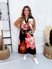 Black Floral Print Sleeveless V-Neck Midi Dress With Waist Tie - Whiskey Skies - HEIMISH