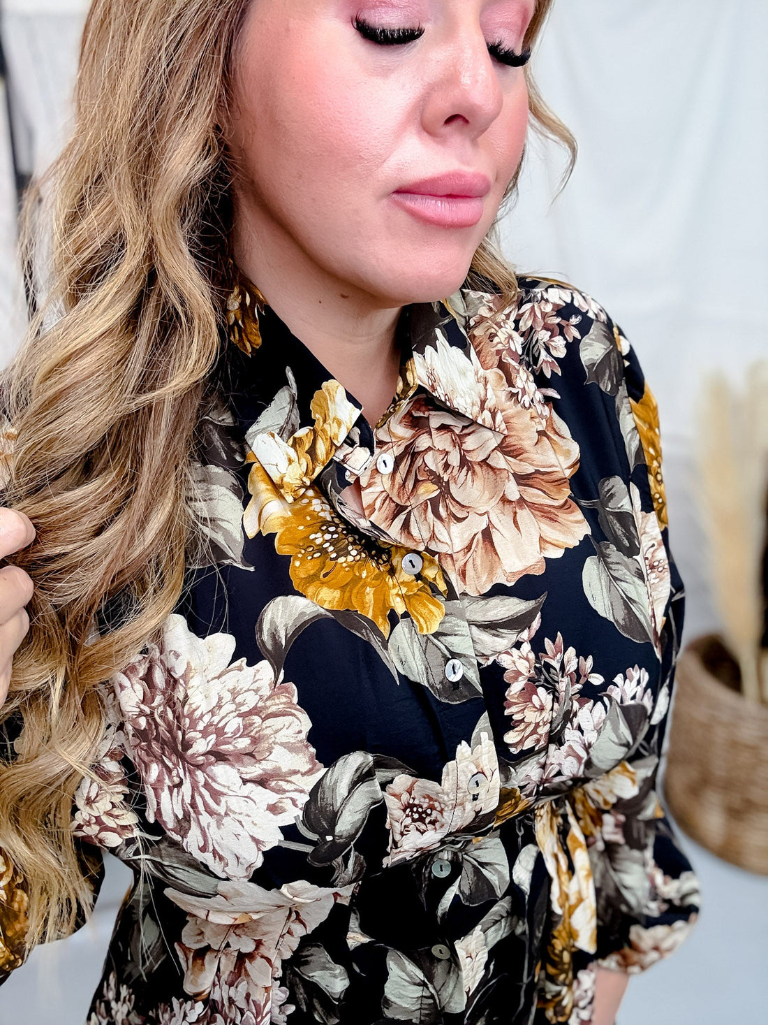Black Floral Shirt Dress With Pleated Bodice - Whiskey Skies - ODDI