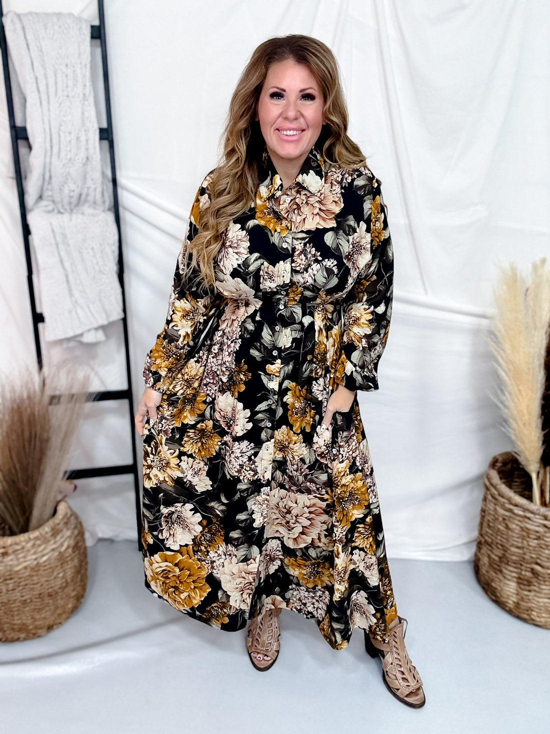 Black Floral Shirt Dress With Pleated Bodice - Whiskey Skies - ODDI