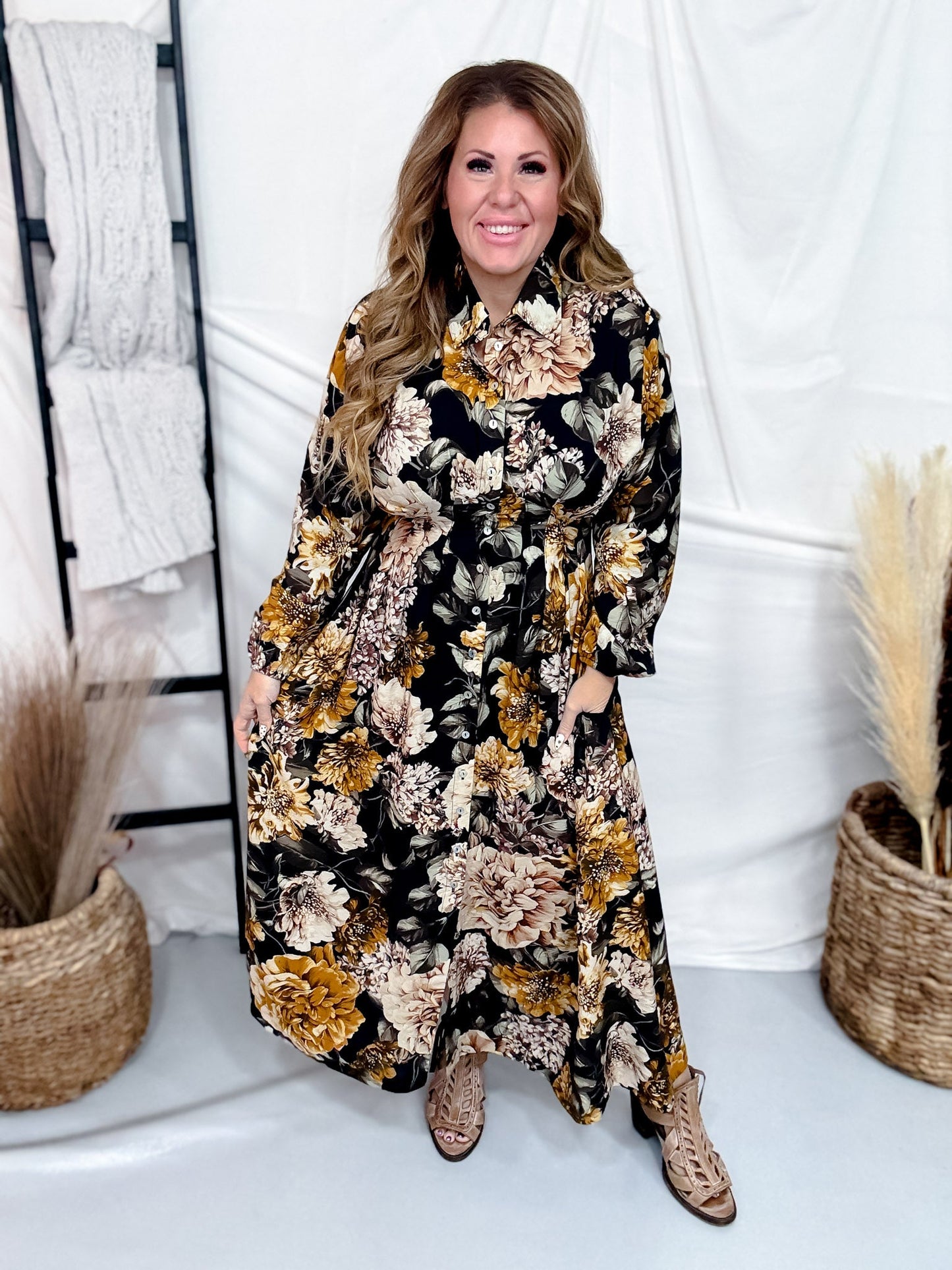 Black Floral Shirt Dress With Pleated Bodice - Whiskey Skies - ODDI
