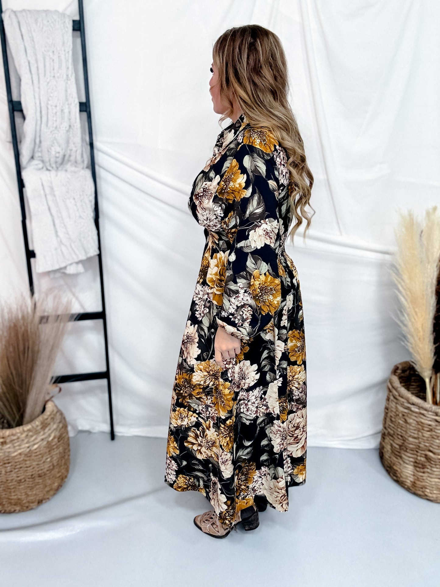 Black Floral Shirt Dress With Pleated Bodice - Whiskey Skies - ODDI