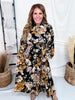 Black Floral Shirt Dress With Pleated Bodice - Whiskey Skies - ODDI