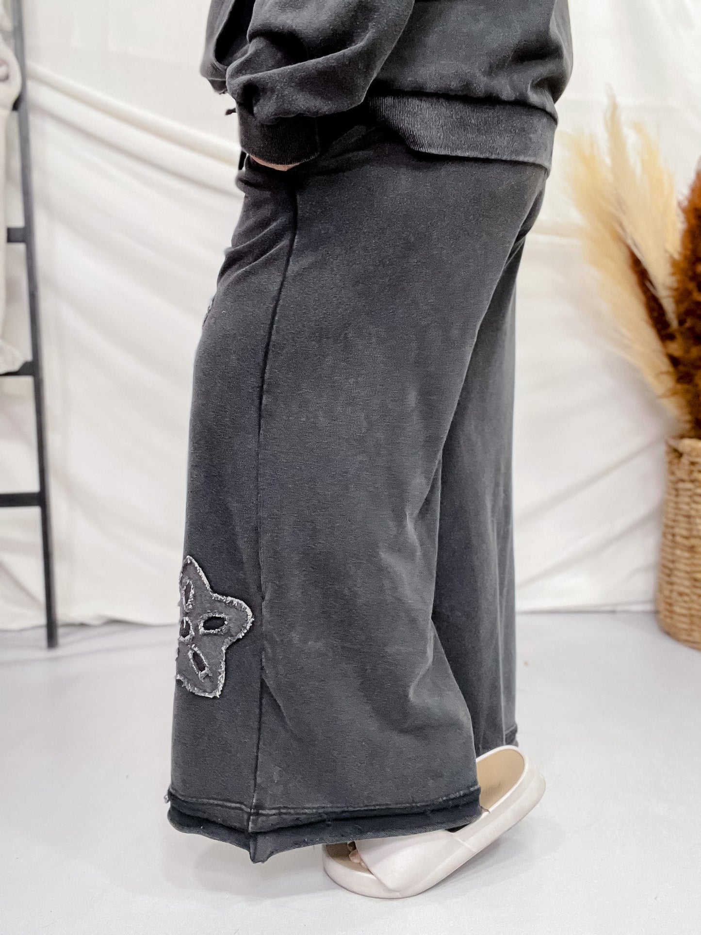 Black Flower Patch Acid Washed Palazzo Cropped Pants - Whiskey Skies - ODDI