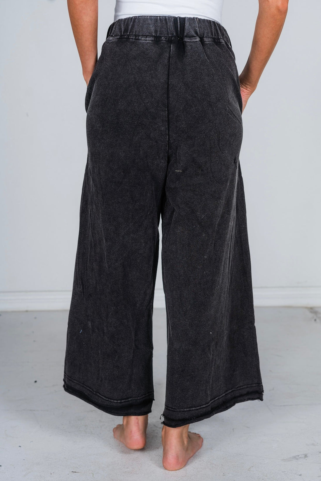 Black Flower Patch Acid Washed Palazzo Cropped Pants - Whiskey Skies - ODDI