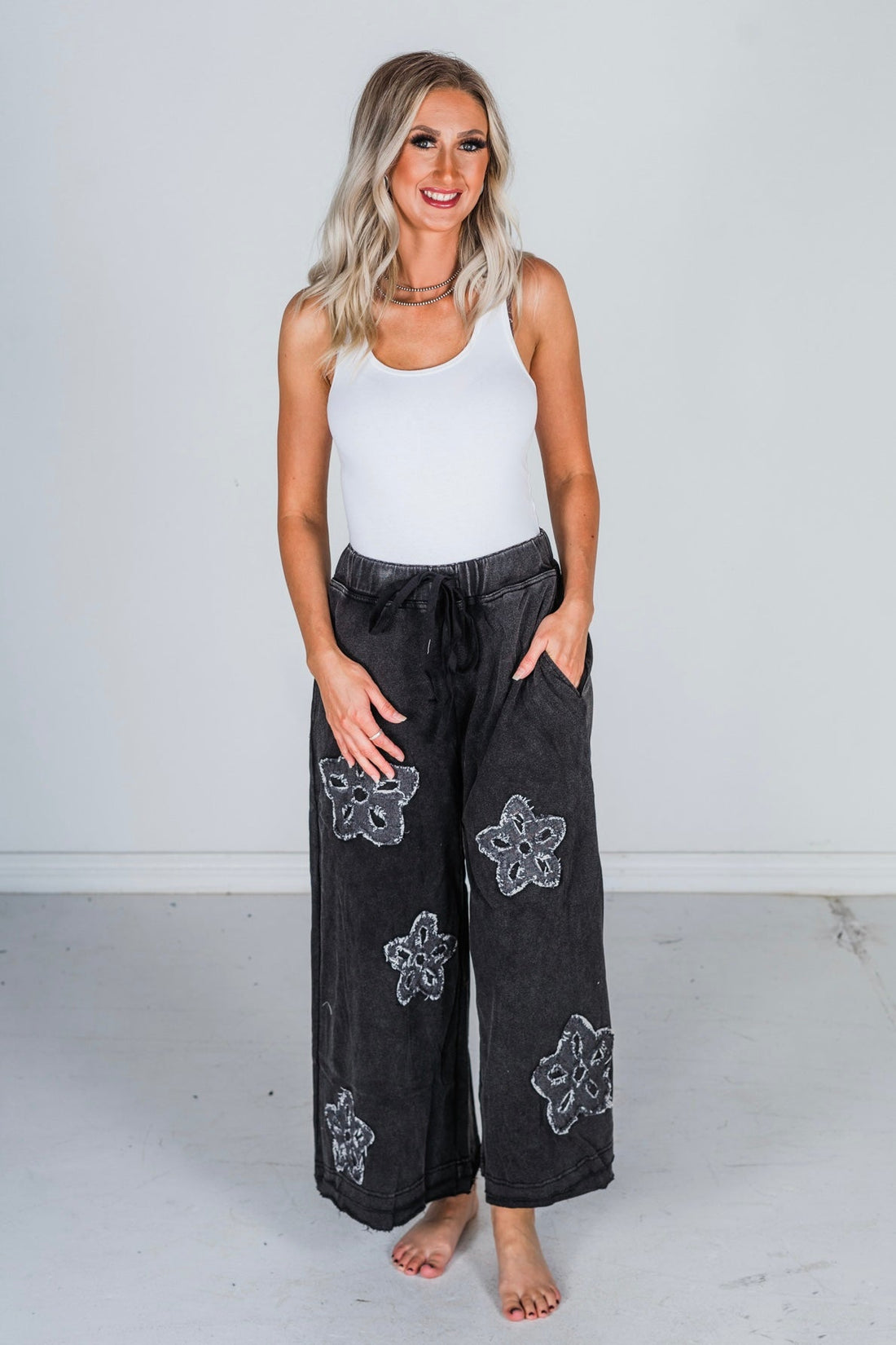 Black Flower Patch Acid Washed Palazzo Cropped Pants - Whiskey Skies - ODDI