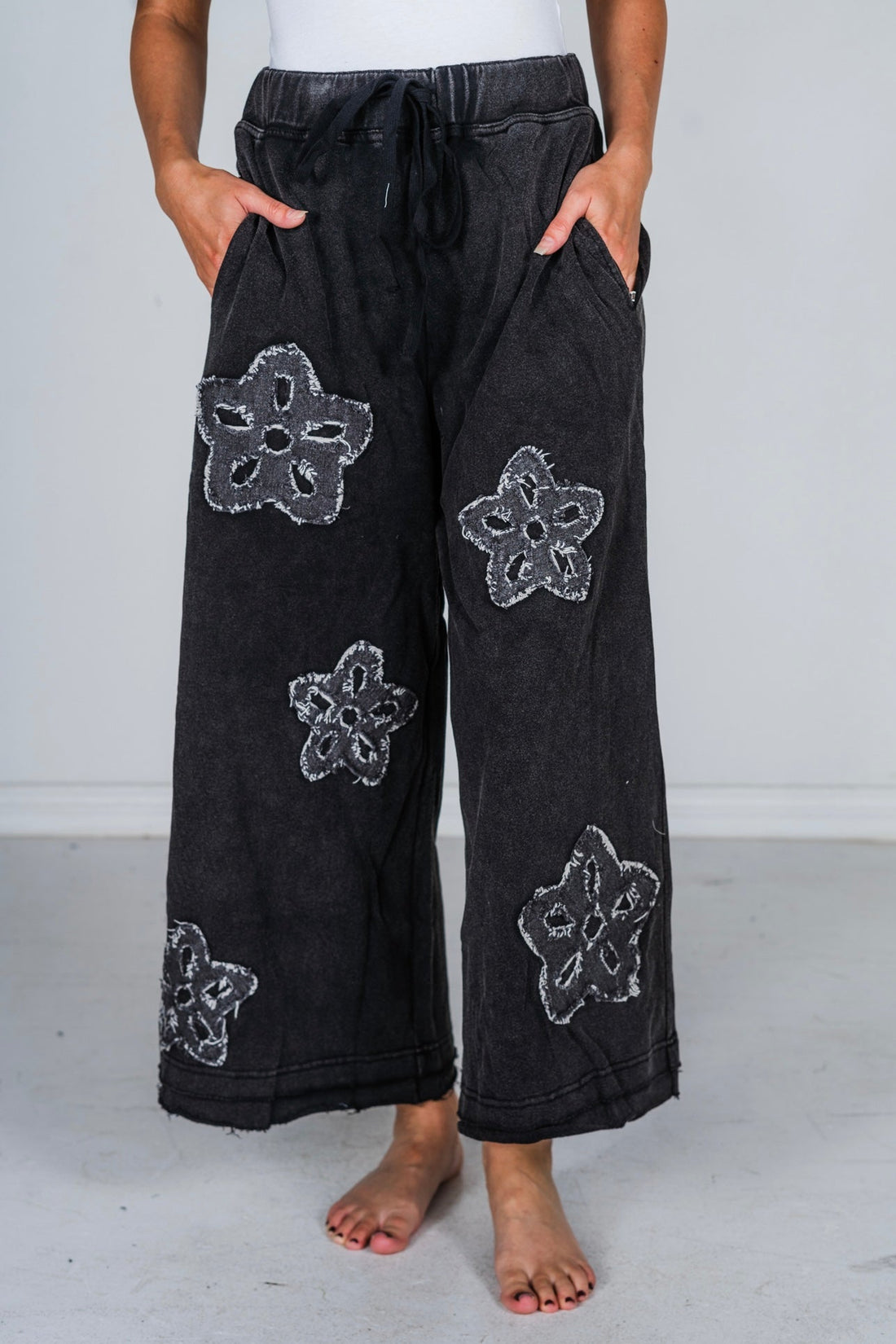 Black Flower Patch Acid Washed Palazzo Cropped Pants - Whiskey Skies - ODDI